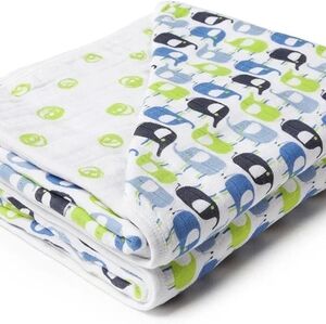 Zutano Cotton Muslin Four Layer Zzz Baby Blanket 45"x45" Green Elephants & Dots